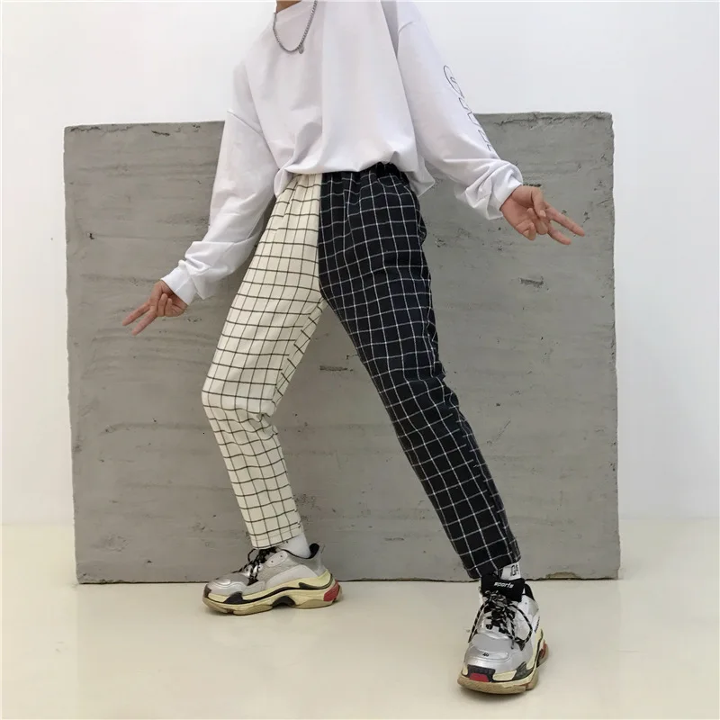 Vintage Paid Patchwork Pants Harajuku Woman Man Pants Elastics Tall Tail Pants Korean Causal Rights Pants