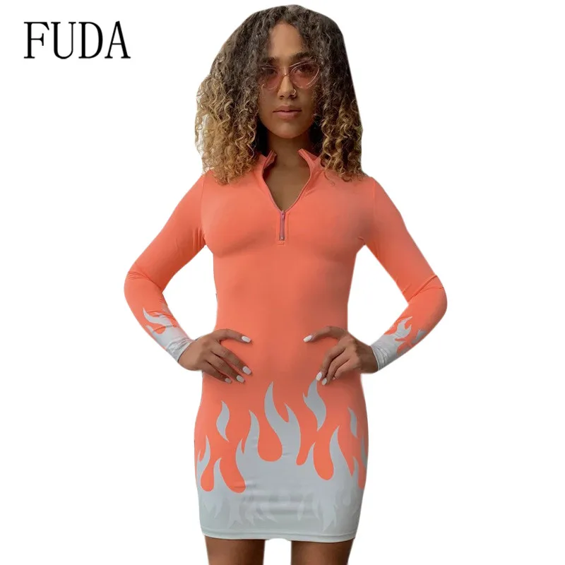 

FUDA Solid Long Sleeve V Neck Zipper High Waist Bodycon Sexy Stretchy Patchwork Dresses Casual Vintage Autumn Night Party Dress