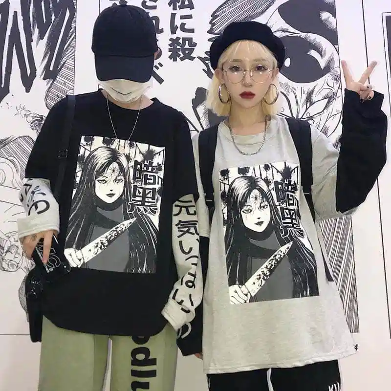 NiceMix Harajuku Толстовка для женщин лоскутное унисекс пуловеры японского аниме печати комиксов Джемперы Поддельные 2 шт. женская уличная одежда