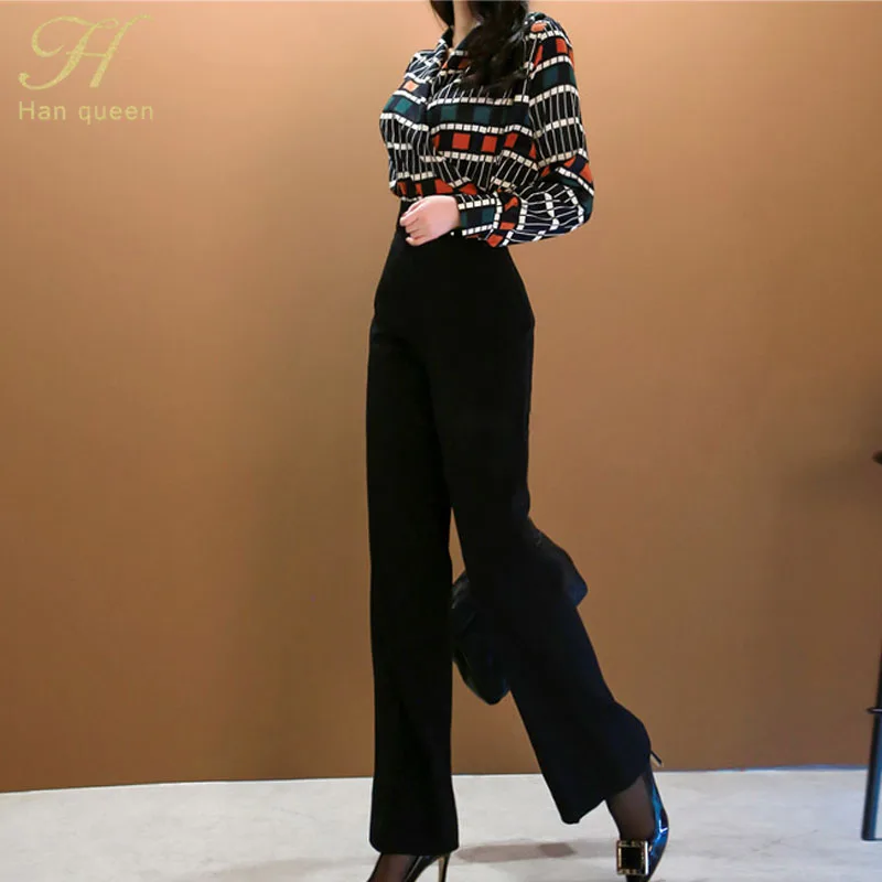 H Han queen осенний элегантный комплект из 2 предметов Женские винтажные полосатые рубашки с принтом и приталенные длинные штаны с высокой талией OL рабочие костюмы