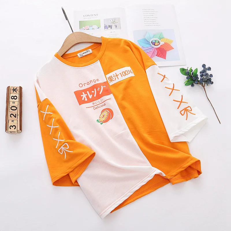 Японский стиль милая контрастная цветная оранжевая с принтом круглым вырезом