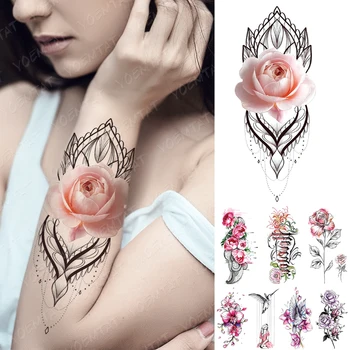 

Waterproof Temporary Tattoo Sticker 3D Rose Lace Peony Tattoos Line Pink Flowers Bird Body Art Arm Fake Sleeve Tatoo Women Men