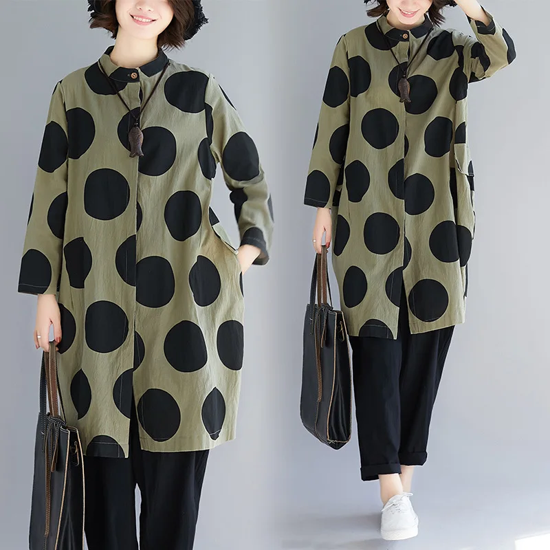 

2019 Autumn Clothing New Style Korean-style Literature And Art Dotted Print Long-sleeved Shirt Fat Mm Slimming Comfortable Fold-