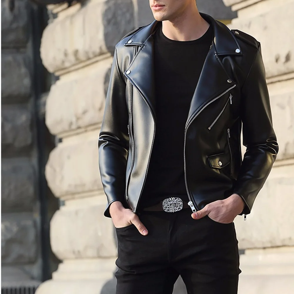Мужская куртка из искусственной кожи, модная мотоциклетная куртка, короткое пальто из искусственной кожи