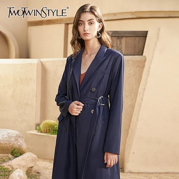 

TWOTWINSTYLE Casual Bandage Trench For Women Lapel Long Sleeve Lace Up Solid Loose Windbreaker Female Fashion New Clothing 2020