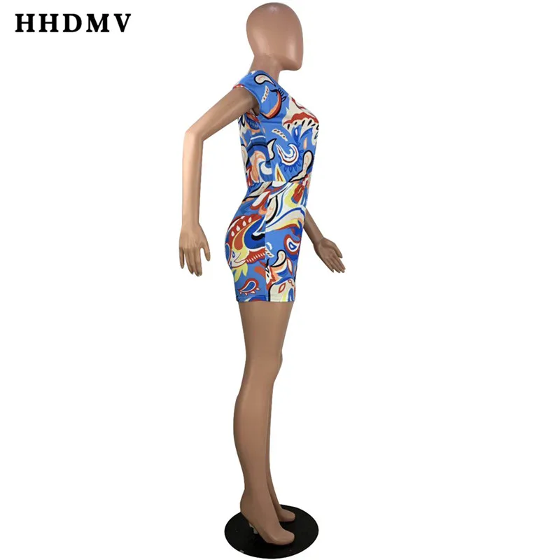 HHDMV OX8051 Fashion Women Summer Colorful Print Short Sleeve Playsuit Sexy Club Short Pant Rompers V-neck Jumpsuit