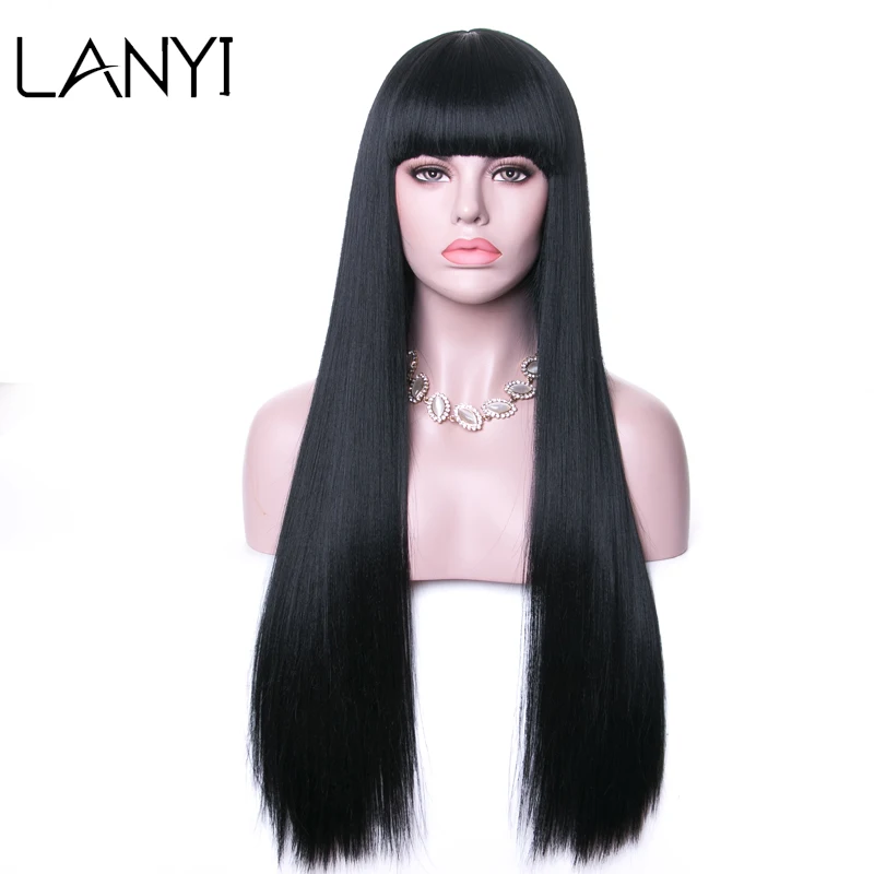 LANYI 26 ''длинные прямые черные синтетические волосы парик для женщин с челкой