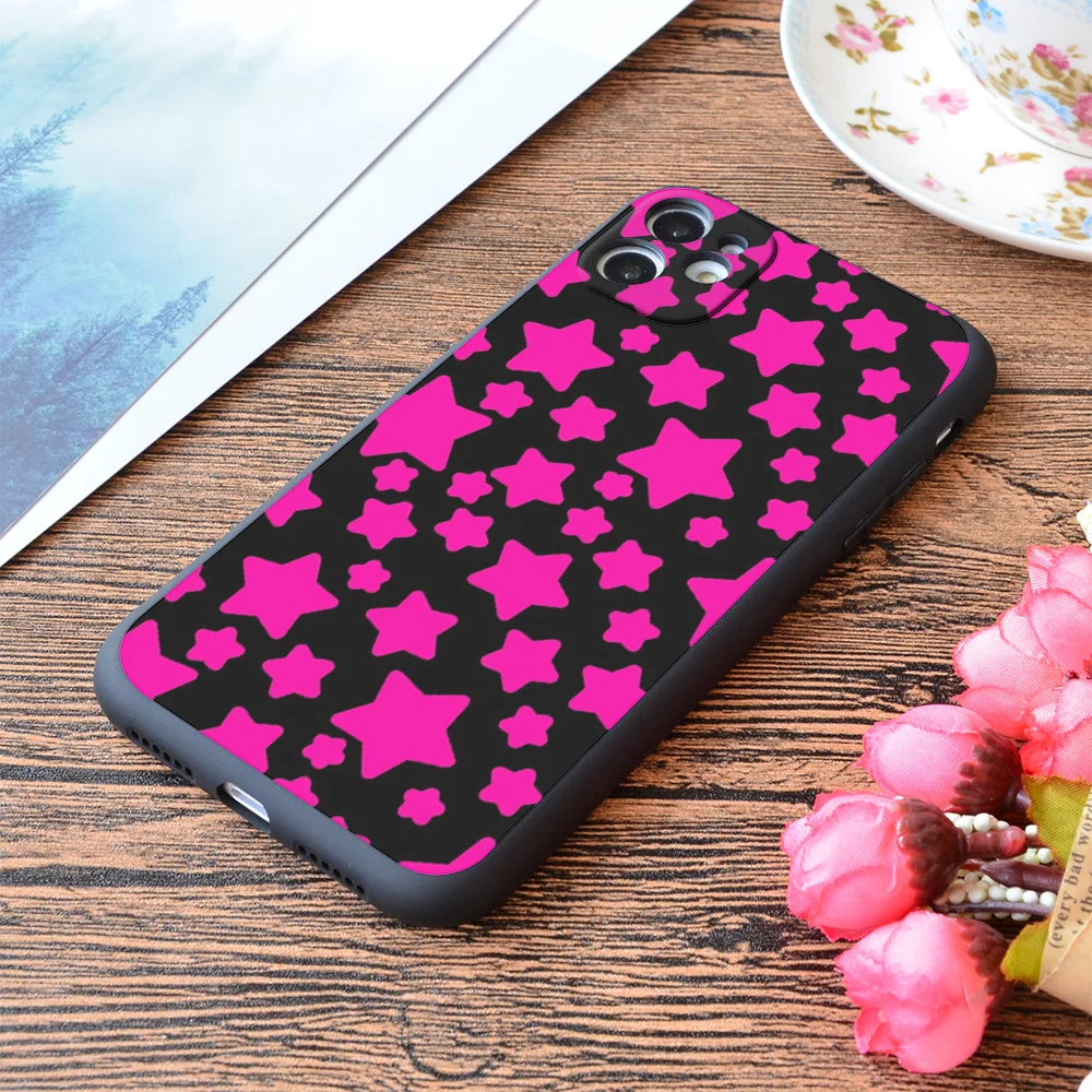 

For iPhone Black And Fuchsia Stars Pattern Print Soft Matt Apple iPhone Case