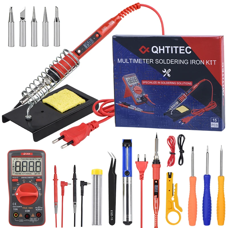 QHTITEC Electric Soldering Iron Kits Portable LCD Welding Tool Tin Adjustable Temperature Wooden Iron Set for Diy Kit Tip 80W