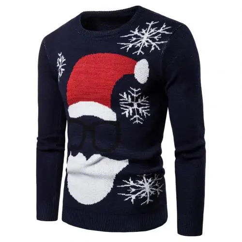 Рождественский свитер для мужчин Pull Homme пуловер и свитер для мужчин свитер с принтом Санта Клауса с длинным рукавом и круглым вырезом вязаные свитера мужская одежда - Цвет: Тёмно-синий