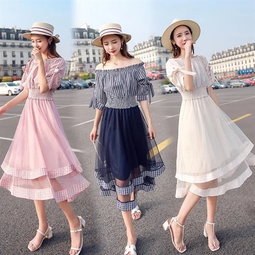 

Wonderful-Shaped M Summer New Style by Age Women's Fashion Plaid Horizontal Neck Joint Cake Dress