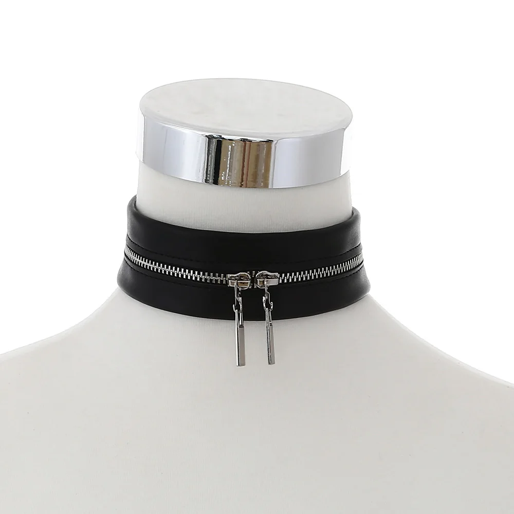 Черное кожаное ожерелье модные ожерелья-Чокеры металлическая молния чокер воротники, ожерелье для женщин