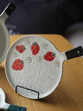 

Japanese-style handle plate steak plate cute ceramic tableware home dish plate hand-painted pizza plate flat plate