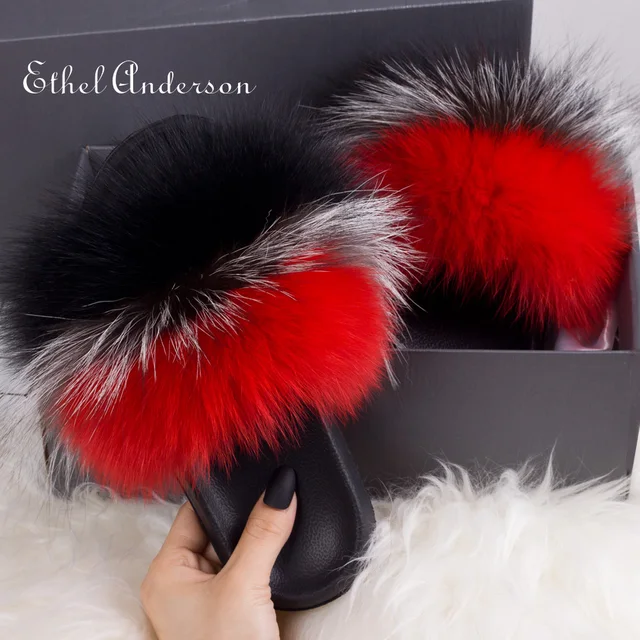 2021 Hot Sale Women Real Fox Fur Slippers Multi-color Summer Fashion Slides Casual Female Furry Shoes As picture