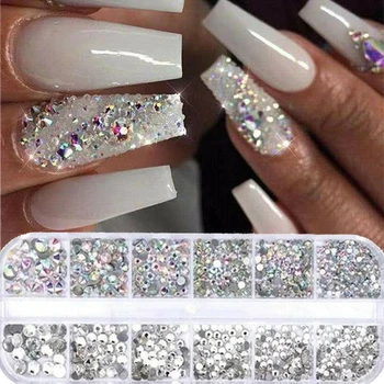 

12 Grids/set AB Crystal Glass Rhinestones Nail Art Decorations Multi-size 3D DIY Tips Manicure Glitter Diamond Gems Accessories