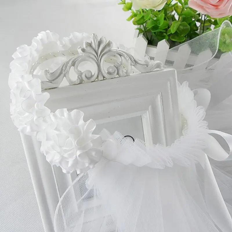 Women Bridal Flower Hair Wreath With White Veil Garland Wedding Headband Crown Adjustable Lace Up Ribbon Bachelorette Party janevini vintage women lace wedding hat flowers mesh face veil pearl fascinator wedding party bride hats accessoir de mariage