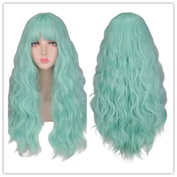 SuQ Women's Long Curly Wig Hair Synthetic Natural Water Wave Cosplay Party Green Heat Resistant Daily Wigs
