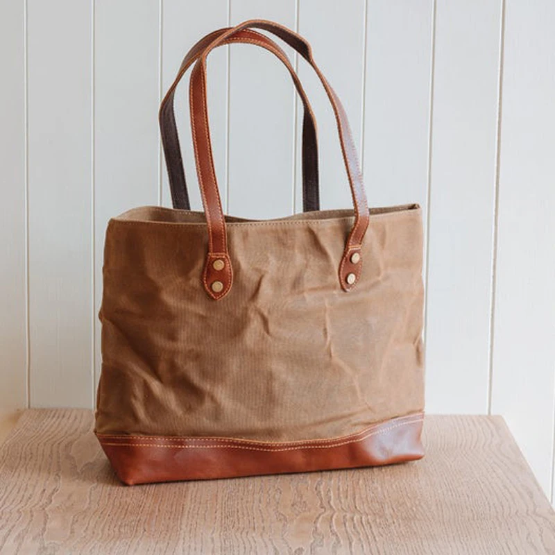 Stylish Canvas And Leather Tote Handbag Womens