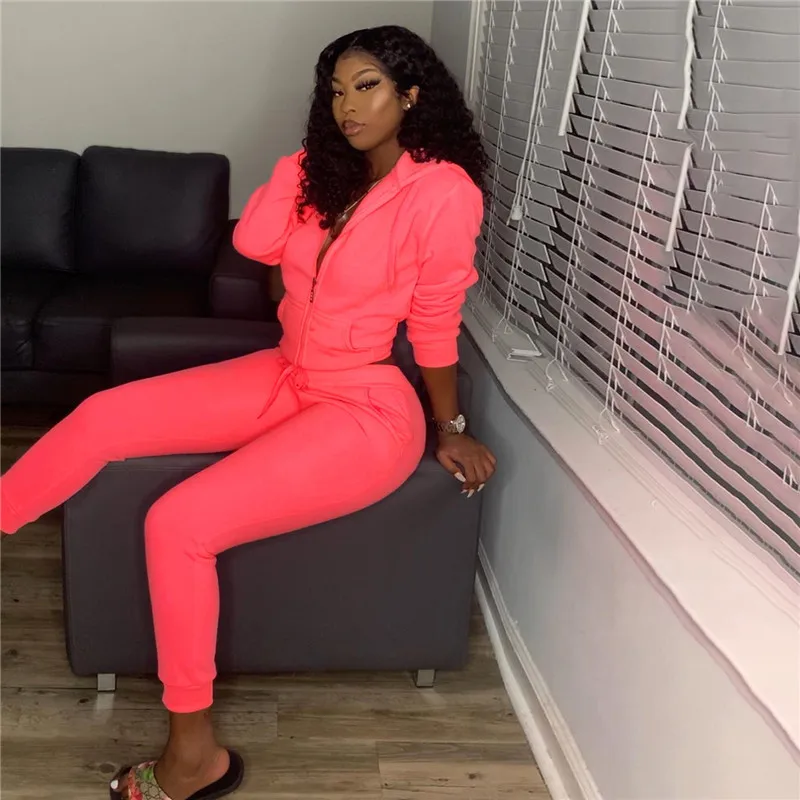 

2020 Fall Solid Casual Athleisure Two Piece Sets Women Active Workout Hooded Zipper Top And Bandage Pants Matching Outfits