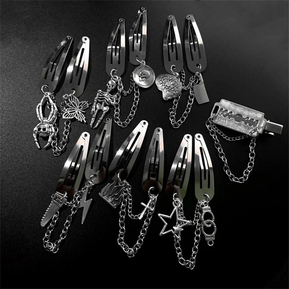 

Punk Gothic Retro Hair Clip For Girl Dark Spider Butterfly Skullbrain Blade Lightning Handcuff Metal Chain Clip Hair Accessories