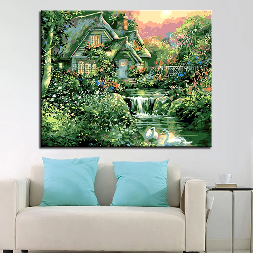 

Frame Mountain Village and Swan DIY Painting By Numbers Landscape Coloring By Numbers Kit Wall Art Picture Home Decor Artworks