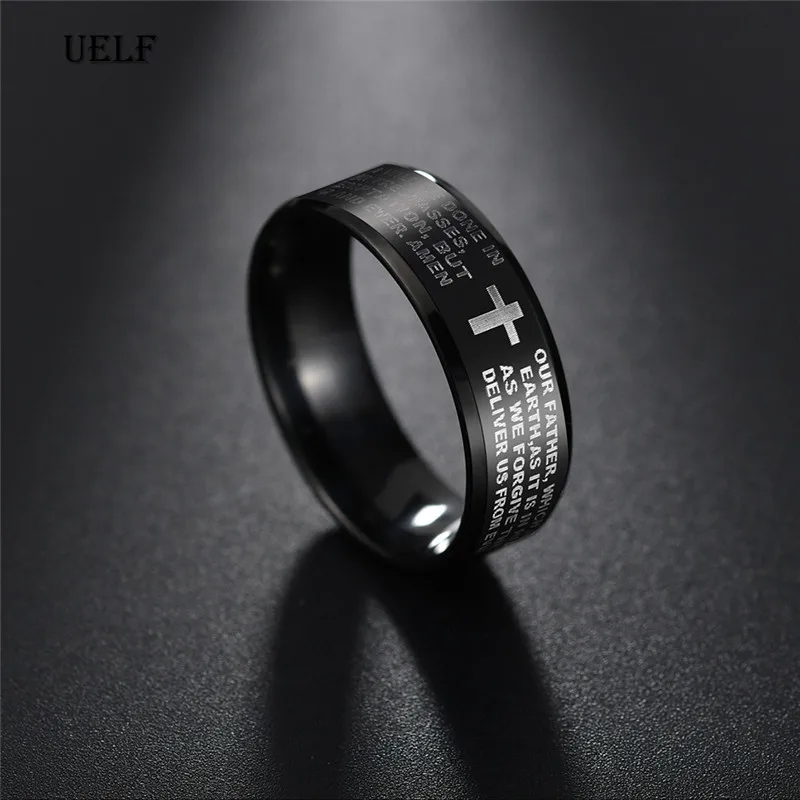 Black Titanium Steel English Letter Lord's Prayer Ring Serenity Men's Bible Cross Rings For Women Jesus Jewelry | Украшения и