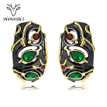 

Viennois Women Hollow Stud Earrings Black Gold Color Geometric Multi Color Rhinesto Zricon Design Female Metallic Retro Earrings