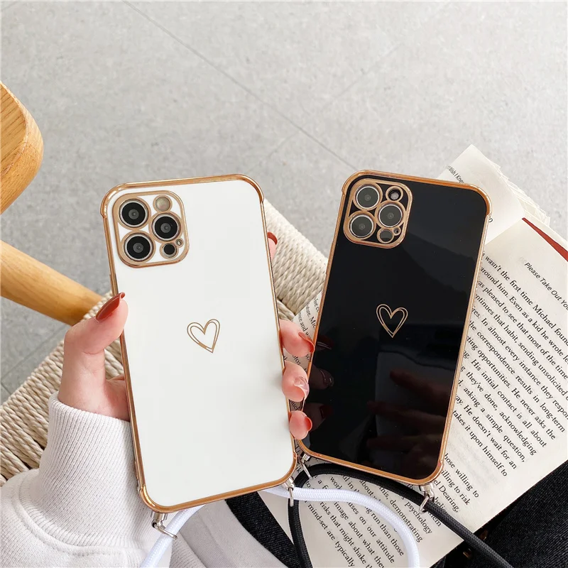 iphone 12 cover case Cute Electroplated Love Heart Lanyard Case For iPhone 11 12 13 Pro Max XS XR X 7 8 Plus Mini SE 2 Cord Rope Necklace Strap Cover apple iphone 12 case