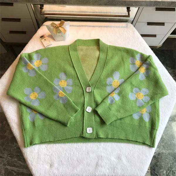 RUGOD осенний Повседневный Кардиган, Женский винтажный свитер с цветочным принтом, высококачественная одежда с вырезом в стиле Kawaii Ins - Цвет: Зеленый