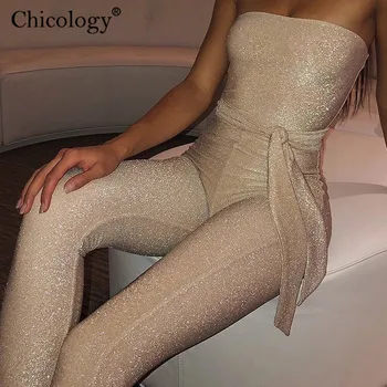 

Chicology shining lace up off shoulder jumpsuit women sexy elegant long pants 2019 autumn winter party club clothes streetwear