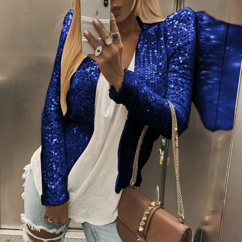 Goedkoop Pailletten Jassen Glitter Night Club Lange Mouw Vrouwen Jas Fashion Gold Sliver Slim Herfst Shining Jassen Bovenkleding Vrouwelijke GV928