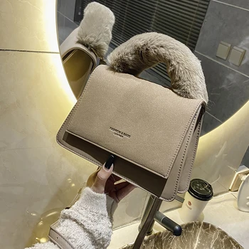 

с доставкой Faux Fur Handle Small PU Leather Crossbody Bags Women 2020 Winter Trending Handbags Women's Simple Shoulder Hand Bag