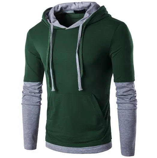 B1B26 Dark green Осенняя Новинка, модная мужская толстовка с капюшоном на шнурке, сшитая две поддельные модные тонкие футболки с капюшоном и длинными рукавами, повседневная мужская футболка - Цвет: B1B26 Dark green