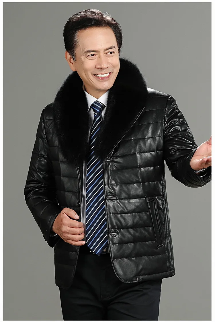 Winter Middle-aged MEN'S Leather Coat Sheep Leather down Jacket Men's Thick Slim Fit Fox Fur Collar MEN'S Coat
