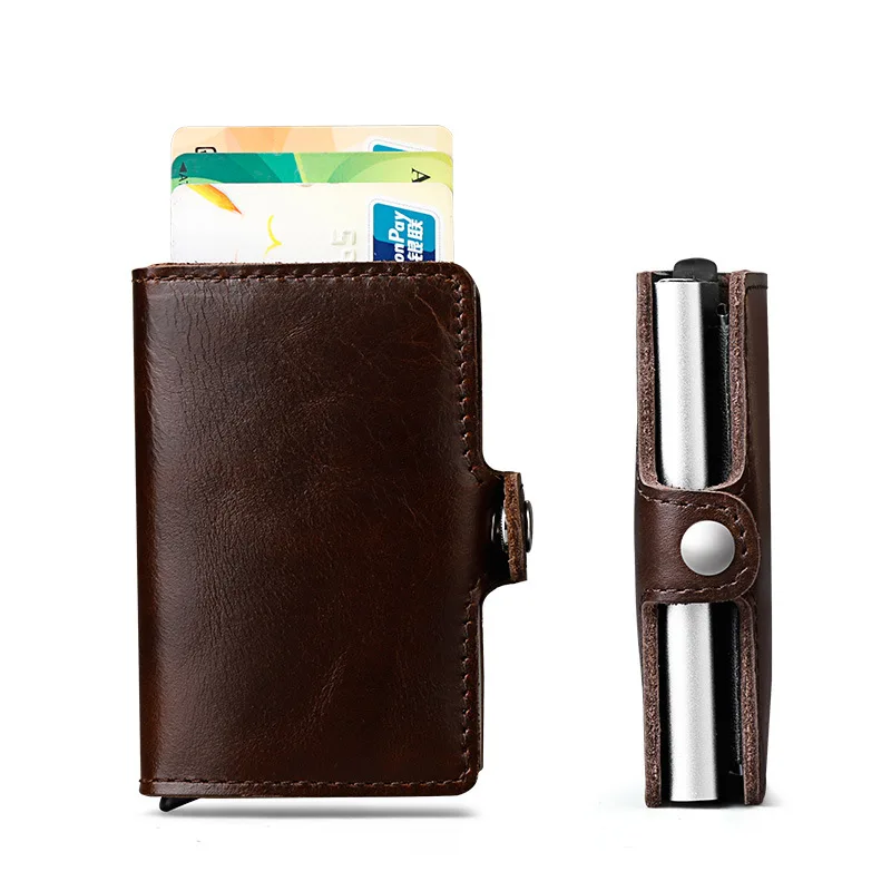 Genuine Leather Aluminum Wallet ID Card Holder RFID Blocking Mini Magic Wallet Automatic Pop Up Credit Card Coin Purse - Цвет: Коричневый