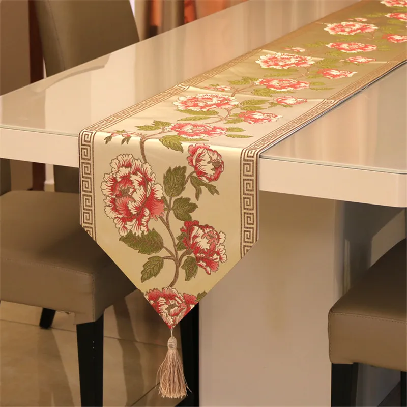 

Luxury Chinese Style Embroidered Table Runner Peony Flora Table Flag Dining Table Restaurant Table Cover Shoe Cabinet Decor