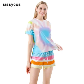 

2020 New Summer Loose Pajamas Sets for Women Tie Dye Printed Loungewear Short Sleeves Sleepwear Female Tee Shirts and Shorts Set