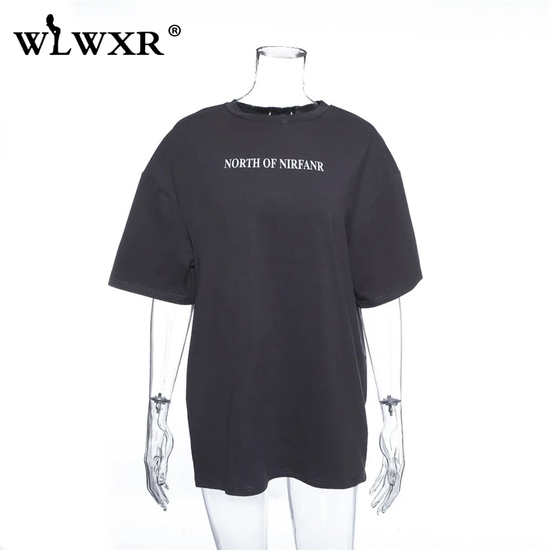 WLWXR Повседневная Harajuku негабаритная футболка Женская Топ с буквенным принтом О-образным вырезом серая летняя свободная длинная футболка женская футболка