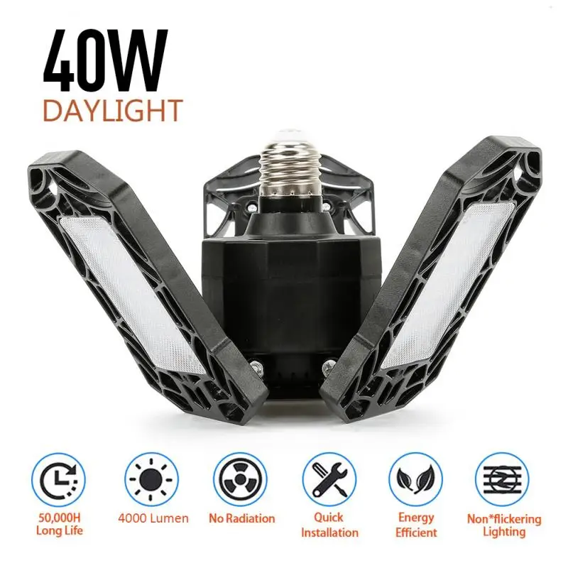 Светодиодный светильник для гаража, деформируемый потолочный светильник на 360 градусов для домашнего склада, мастерской, AC85-265V, складывающаяся трехлистная деформационная лампа