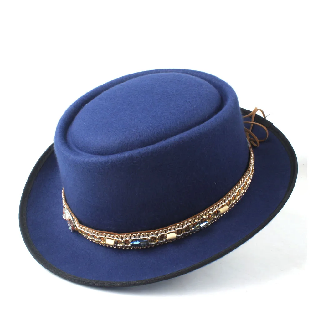 Мужская и женская шляпа-пирожок с поясом Зимняя шерстяная уличная дорожная шляпа джаз Федора джазовая шляпа размер 58 см - Цвет: Blue