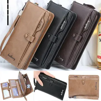 

Mens Wallet Leather Bifold Zipper Card Holder Long Vintage Billfold Money Purse