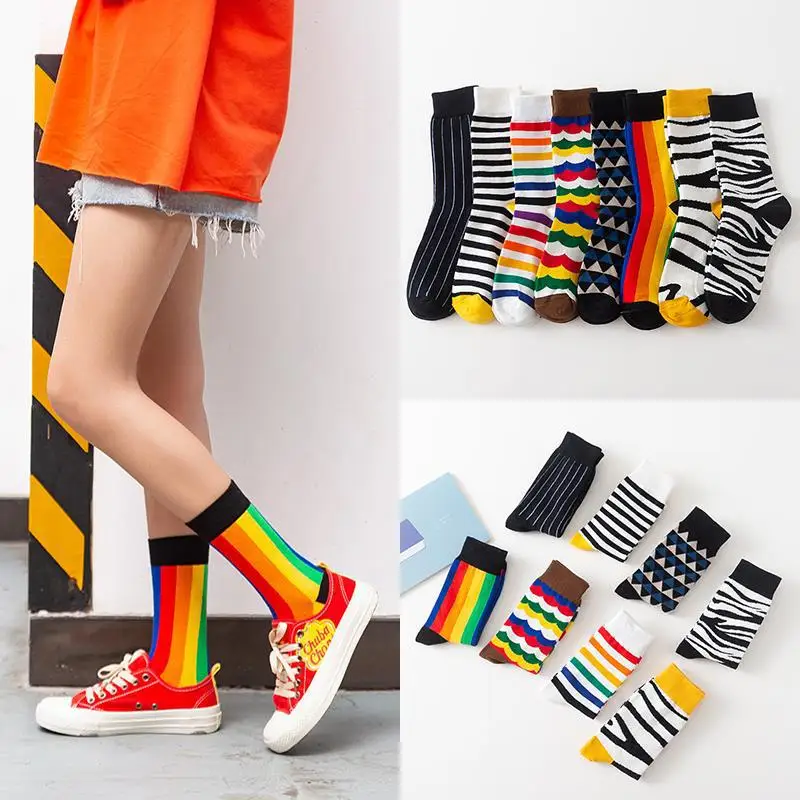

Fashion Classic Cotton Strip Diamond Zebra Rainbow Socks Women Street Style Sport Trend Colorful Mid Calf Socks In Tube Sock