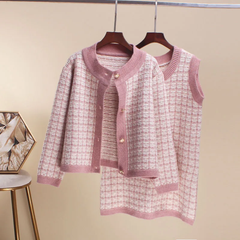 

2019 New Style Autumn Clothing Graceful Long Sleeve Sweater Coat + Vest Skirt Two-Piece Knitted Fashion WOMEN'S Suit