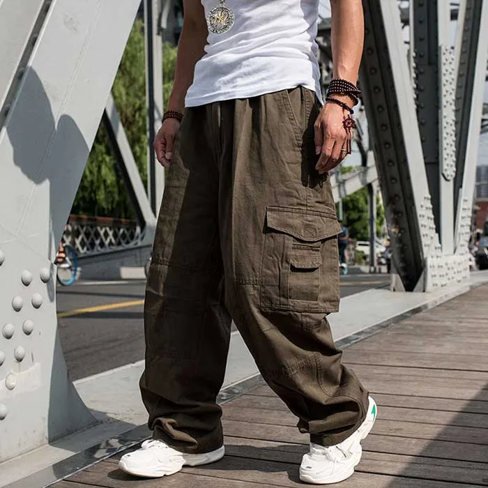 Trendy Loose Baggy Cargo Pants Men Casual Hiphop Harem Cotton Straight Trousers Wide Leg Plus Size Streetwear Clothing genie pants