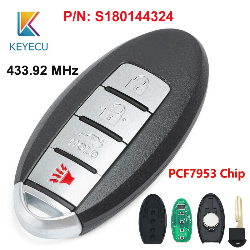 

KEYECU 4 Buttons Smart Remote Car Key 433.92MHz Fob for Nissan Rouge Altima Maxima PCF7953 Chip P/N: S180144324