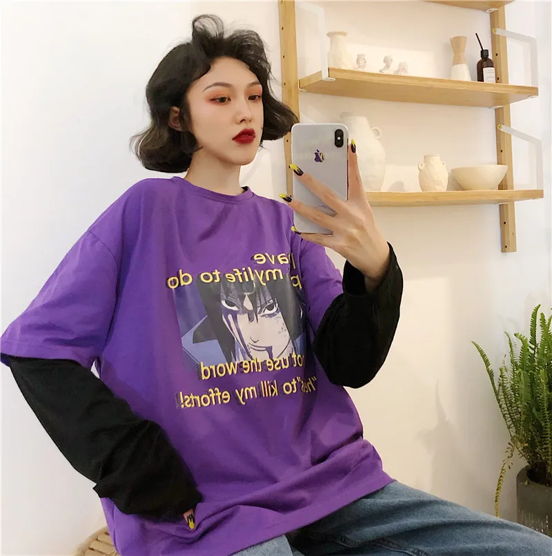 Летняя уличная одежда в стиле панк с героями мультфильмов Harajuku, крутые женские футболки унисекс Ulzzang, японские поддельные футболки из двух частей с забавным принтом аниме
