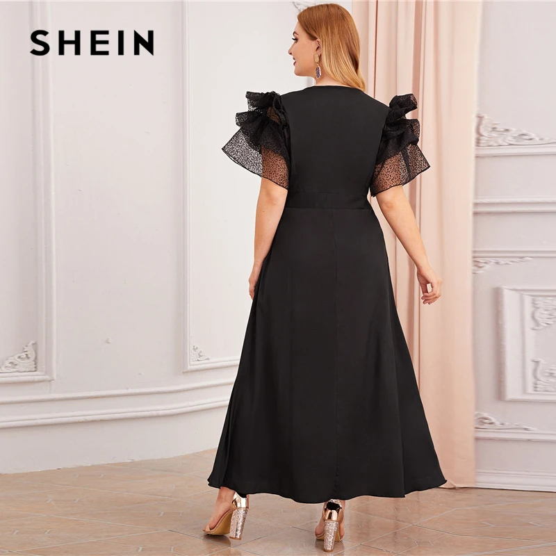 SHEIN плюс Размеры черный V образным вырезом преувеличенный рюшами свободного покроя расклешенное вечерние платье Для женщин осень короткий рукав Женская линия Макси платья