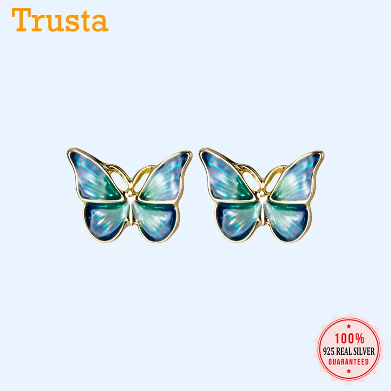 Trustdavis подлинные модные 925 пробы серебряные золотые синие крыла бабочка серьги гвоздики для женщин девочек свадебные украшения подарок DA481