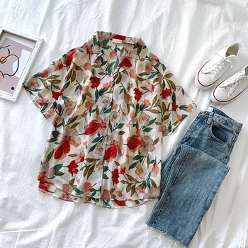 

holiday beach style floral women shirts 2020 summer new turn-down collar short-sleeved loose female outwear coat tops