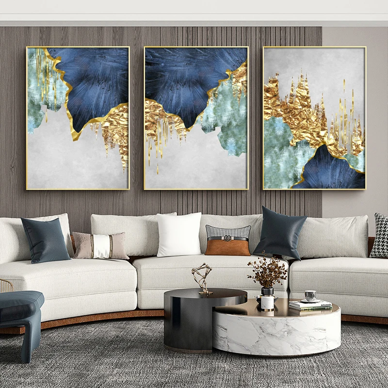 Nordic Blue golden foil lines Canvas Posters Print Modern Abstract Wall ...